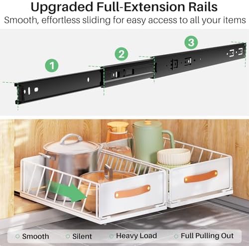 2Pack Pull out Cabinet Organizer,Heavy Duty Slide out Pantry Shelves Drawer Storage with Adhesive Nano Film,Sliding Mesh Basket with Handle for Kitchen, Bathroom, Home, 11.8W" X 15.7"D X 6.2"H,White - Image 3