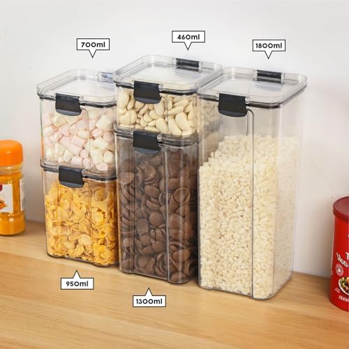 Taylor & Brown 5pc Clear Airtight Pantry & Kitchen Storage Containers | 5 Square Plastic Food Container Set with Lids | Stackable | with Locking Clips | BPA-Free | 460ml, 700ml, 950ml, 1.3L & 1.8L - Image 7
