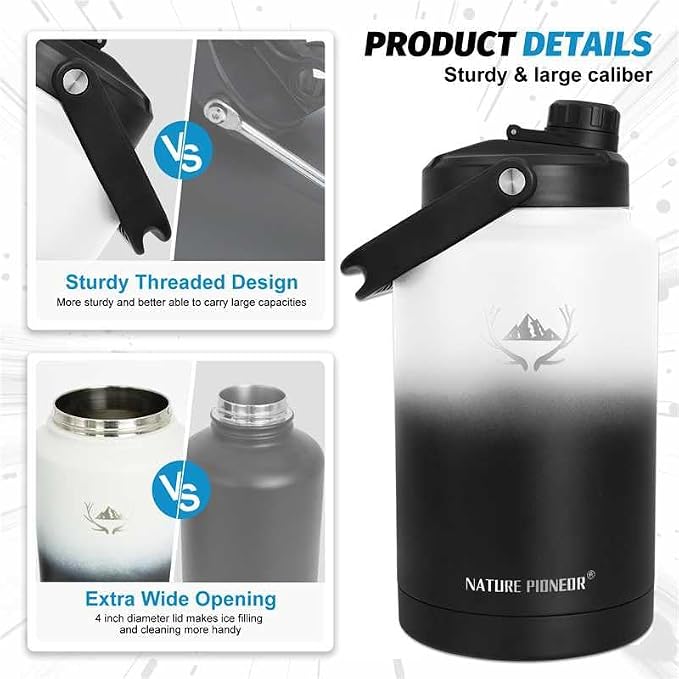 NATURE PIONEOR 1 Gallon (128oz) Insulated Water Bottle Jug with Carrier Bag | 18/8 Food-grade Stainless Steel, Double Vacuum Insulation, Wide-Mouth, Straw & Spout Lid, Strap, Camping, Hiking, Gym, Work - Image 6