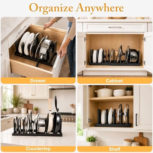 MinBoo Bamboo Expandable Pot Lid Organizer, Pot and Pan Organizer Drawer Organizer for Pot Lids, Adjustable 10 U-Shaped Dividers for Kitchen Cabinet Organizers and Storage,Black - Image 6