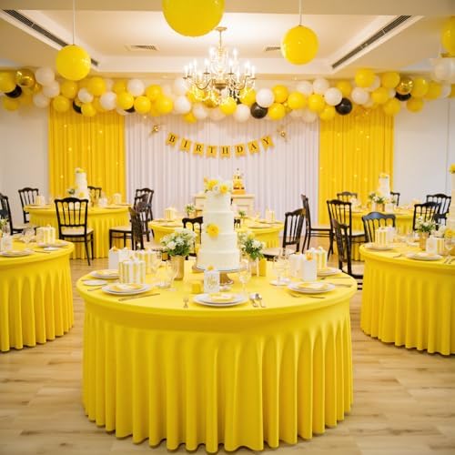 leegleri 6 Pack 72Inch Yellow Spandex Round Tablecloths, Stretchy 132inch Fitted 6FT Round Table Cloths, Wrinkle Free Table Cover with Skirt for Wedding Party Dining Banquet - Image 3