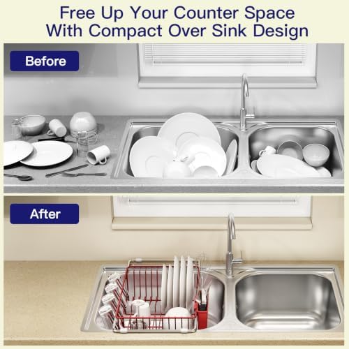 MAJALiS Red Dish Drying Rack Over The Sink with Utensil Holder - Image 2