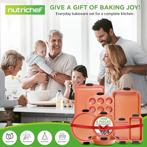 NutriChef 8-Piece Baking Pans Set - Nonstick Bakeware Set w/Silicone Handles, Includes 12 Cup Muffin, Round Cake, Pizza, Loaf & Square Pan, & Cookie Sheet - Dishwasher Safe & Easy Cleanup - Copper - Image 7