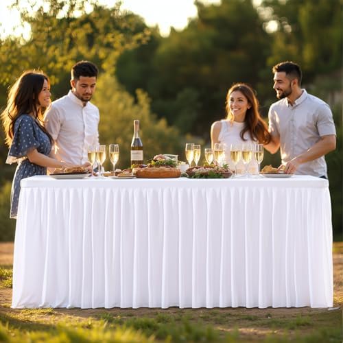 PARTISKY 2 Pack White Tablecloths for Rectangle Tables 8ft, Wrinkle Resistant White Table Cover Fitted Stretch Table Cloth with Pleated Ruffle Skirts for Party Banquet Dining Birthday Wedding - Image 5