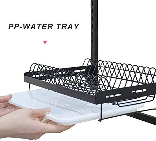 junyuan Hanging Dish Drying Rack Wall Mount,Dish Racks Drainer,3 Tier Kitchen Plate Organizer Storage Shelf with Drain Tray with 3 Hooks,Stainless Steel Black Large Ajustable Height - Image 6