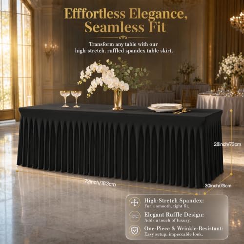 3 Pack Black Stretch Spandex Tablecloths, 6ft Fitted Rectangle Table Cover with Skirt, Wrinkle Free Polyester Table Cloth for Wedding, Party, Banquet, Baby Shower, Christmas - Image 2