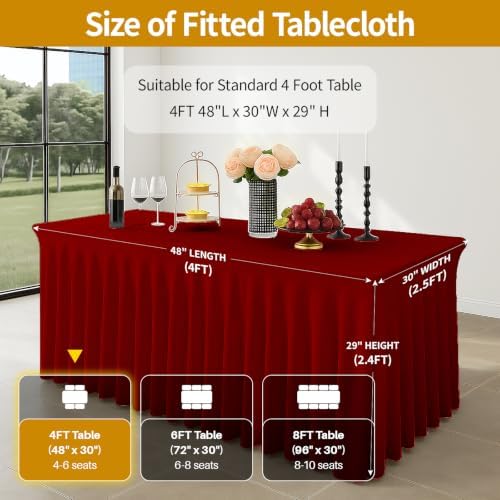 Deep Dream 4 Pack Red Spandex Table Covers 4 Foot, Fitted Stretch Tableclothes 24x48 Inch, Wrinkle Free 4FT Fitted Table Clothes with Skirt for Party, Banquet, Wedding and Events - Image 4