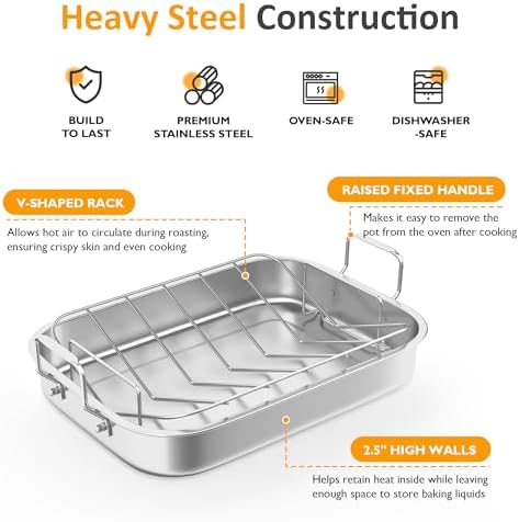 Sunvivi 15.6'' Roasting Pan with V-Shaped Rack, Rectangular Lasagna Pan with Handle, Non-Stick Stainless Steal Roaster for Turkey, Chicken, Vegetable, Lasagna, Heavy Duty & Dishwasher Safe - Image 3