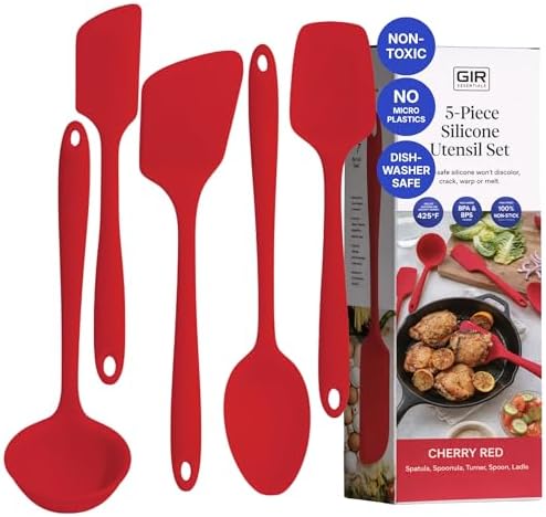 GIR 5-Piece Silicone Kitchen Utensils Set, Non-Toxic Cooking Utensils for Cooking and Baking, Heat Resistant, Food Grade, Dishwasher Safe Rubber Spatula, Ladle, Spoon - Cherry Red by GIRGetItRight