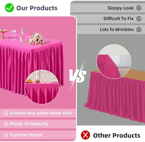 PARTISKY 1 Pack Hot Pink Tablecloths for Rectangle Tables 4ft, Wrinkle Resistant Spandex Table Cover Fitted Stretch Table Cloth with Pleated Ruffle Skirts for Party Banquet Dining Birthday Wedding - Image 2
