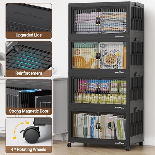 BROVIEW 360Qt Stackable Storage Bins with 3 Lids, Extra Large Closet Organizer Collapsible Drawer Boxes with Wheels, Folding Plastic Cabinet Containers for Home Kitchen Room Organization, 3Pack Black - Image 6