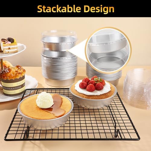 Beasea Pie Tins with Lids 8oz, 100 Pack 4 Inch Disposable Mini Creme Brulee Ramekins Silver Small Aluminum Foil Pie Tart Cake Baking Pans Individual Round Containers Oven Safe for Baking - Image 6