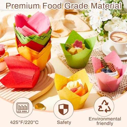 Motiskyy 300 Pcs Jumbo Muffin Liners for Baking 2-1/4" x 4" Large Tulip Cupcake Liners Greaseproof Cupcake Wrapper Paper for Weddings Birthday Christmas Anniversaries Party (Green,Red,Yellow,Pink) - Image 4
