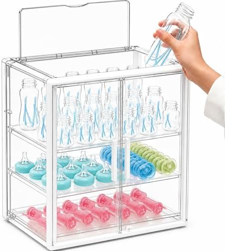 Reinforced Baby Bottle Organizer 3 Tier Baby Bottle Storage Organizer Clear Bottles Station for Countertop Double Magnetic Door Acrylic Large Bottles Container Cabinet Bin for Pacifiers,Pump X-Large by Gifhomfix