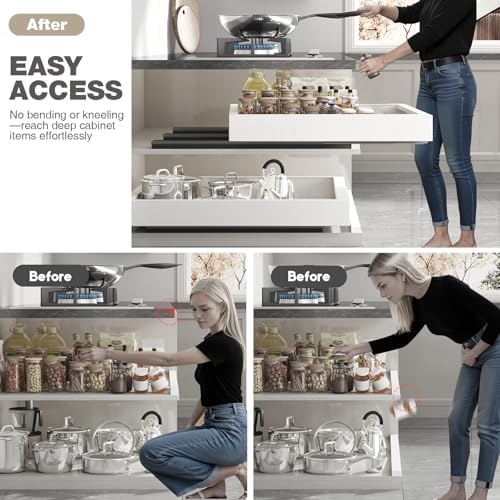 Seinloes 2 Pack Pull Out Cabinet Organizer 18" Deep,Full Extension 3 Slide Rails Slide Out Drawers With Raising Pad for Framed Cabinets,Expandable Width (15.4"-26.2"),No Drill Roll Out Shelf,White - Image 4