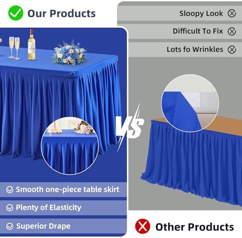 PARTISKY 6 Pack Royal Blue Tablecloths for Rectangle Tables 6ft, Wrinkle Resistant Spandex Table Cover Fitted Stretch Table Cloth with Pleated Ruffle Skirts for Party Banquet Dining Birthday Wedding - Image 2