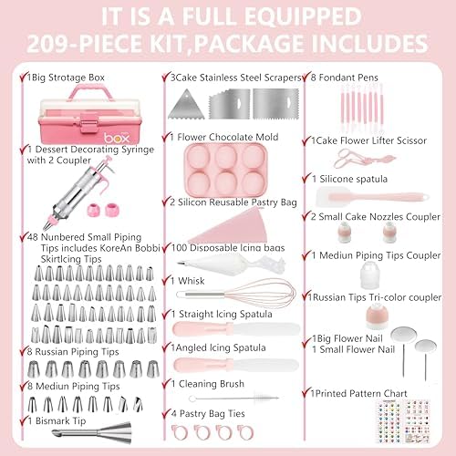Gawren-H&E 209 PCS Cake Decorating Kit, Baking Supplies tools for beginner | Cake Decorating Supplies with Icing Dispenser Gun,Piping Bags and Tips Set,Scrapers and more-Frosting Piping Kit(Light Pink) - Image 2