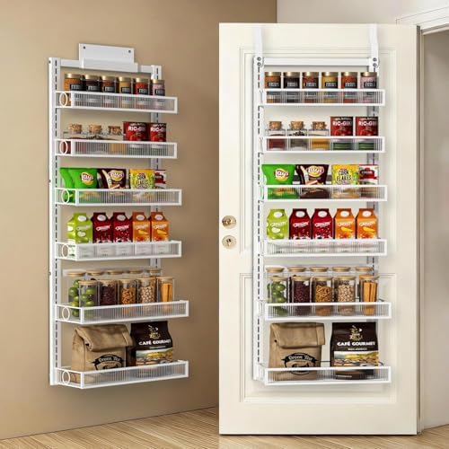 Over the Door Pantry Organizer 6 Tiers Hanging or Wall Mounted Spice Rack with Adjustable Basket,Heavy Duty Metal Seasoning Organizer Shelf for Kitchen Pantry and Bathroom by Clothink