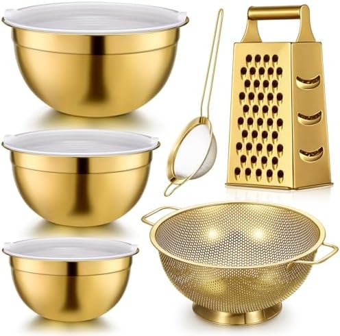 Baderke 6 Pcs Gold Kitchen Accessories Set Includes 3 Gold Mixing Bowls with Airtight Lids Stainless Steel Colander Grater Slicer and Fine Mesh Strainer(Mixing Bowls: 2.8/3.7/5 Qt, Colander: 4 Qt) by Baderke
