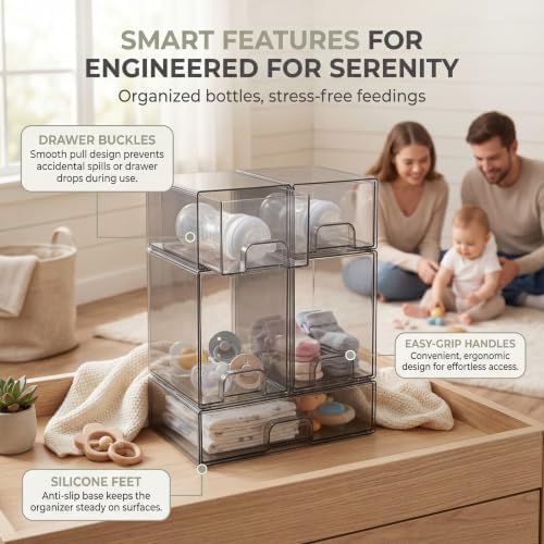 5 pack baby bottle storage organizer - clear acrylic stackable storage drawers with handles for baby bottles, kitchen countertop, pantry and vanity - Image 5