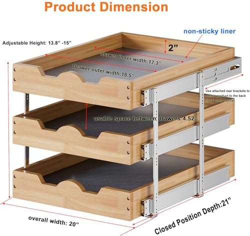 DINDON 3 Tier Pull Out Cabinet Organizer 20”W X21”D Slide Out Shelves With Shelf Liner for Kitchen Wood Roll Out Drawers Pantry Organization - Image 2