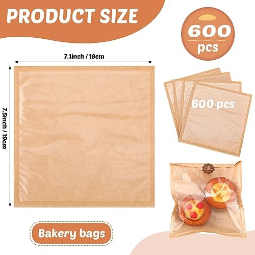 Yeaqee 600 Pcs Bakery Bags 7.1 x 7.5 Inches Heat Sealable Donut Bag with Window Paper Sandwich Bag Grease Resistant Cookie Packaging Kraft Sleeves for Pastries Snacks Egg Biscuits Treat - Image 2