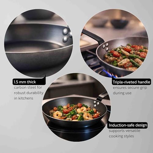 Restaurantware Carbon Steel Fry Pan 1 Count 12 Inch Durable Nonstick Fry Pan, Black Skillets With Triple-Riveted Handle, Steel, Black, Versatile Cooking For Induction And Oven-Friendly Uses - Image 3