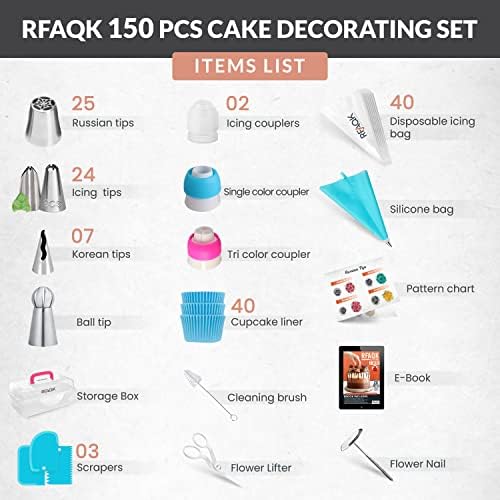 RFAQK Icing Piping Bags and Tips Set, Cake Decorating Kit with Numbered Russian Piping Tips, Pastry Bags for Cookie Cupcake Cake Decoration, Cake Decorating Tips Set with Booklet and E-book - Image 2