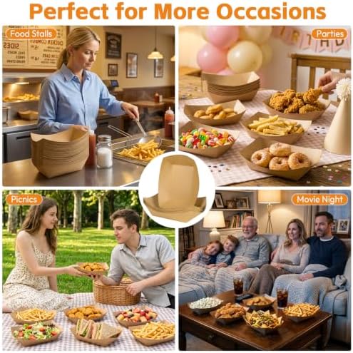 Artcochan 100 Pack 3lb Paper Food Trays,Heavy Duty Disposable Food Boats, Greaseproof Kraft Paper Trays for Nachos Hot Dogs Tacos Fries Snacks Party Carnival - Image 5