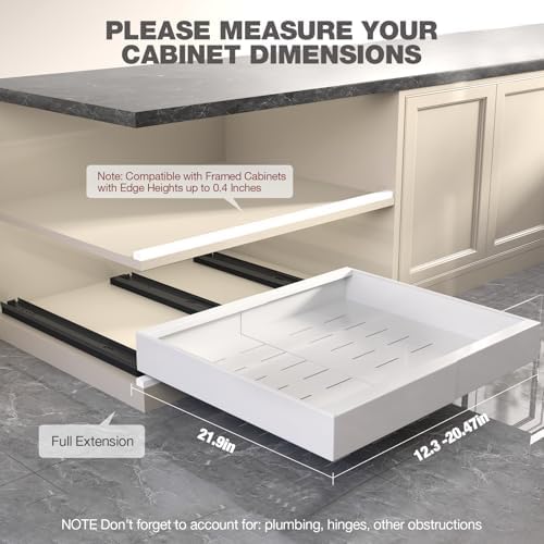 Seinloes 4 Pack Pull Out Cabinet Organizer 22" Deep,Full Extension 3 Slide Rails Slide Out Drawers With Raising Pad for Framed Cabinets,Expandable Width (12.3"-20.5"),No Drill Roll Out Shelf,White - Image 2