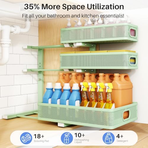 Under Sink Organizer, 3-Tier Thickened Metal Pull out Cabinet Organizer Shelf, Height Adjustable Slide out Storage Drawer Rack for Kitchen Bathroom Pantry Laundry Home Organization, 1-Pack, Green - Image 4