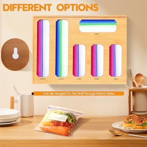 Bamboo Ziplock Bag Organizer for Kitchen Drawer & Wall Mount, Food Storage Baggie Holder, Fits Gallon Quart Sandwich Snack Freezer & Slider Bags, No Assembly, 6 in 1,Natural Color - Image 6