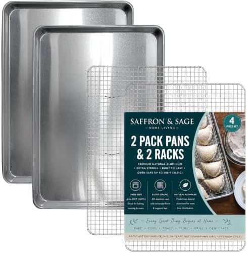 Commercial Quality 2 Pack Cookie Sheet and 2 Pack Rack - Aluminum Half Sheet Baking Pan and Stainless Steel Cooling Rack Set 13x18 Rust & Warp Resistant, Heavy Duty by SaffronSageHomeLiving