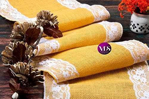 VDS Pack of 25, Burlap Table Runner with White Lace Edge, 100% Natural Jute Rustic Hessian Table Cloth Centerpiece for Wedding Birthday Party Banquet Table Decoration (Size 12X108 Inch)(Gold) - Image 6