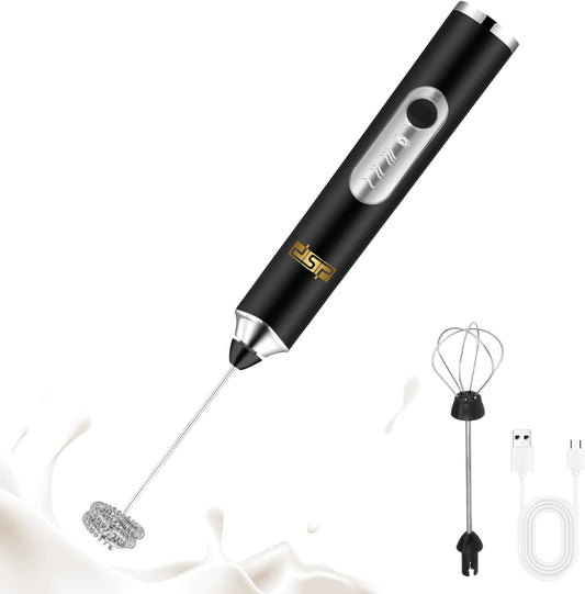 DSP Handheld Milk Frother Rechargeable, Electric Whisk for Coffee, 2 Stirring Rods 3 Speed Adjustable, Low Noise Drink Whisk for Lattes, Matcha, Hot Chocolate, Egg (Midnight Black)
