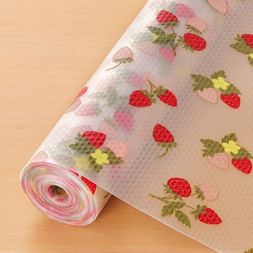Cooyes Shelf Liner for Kitchen Cabinets – Waterproof & Oil-Proof Drawer Liner, Non-Adhesive EVA Mats with Fruit Pattern – Washable Easy to Clean, Easy to Cut (17.5" W x 240" L, Red Strawberry) by Cooyes