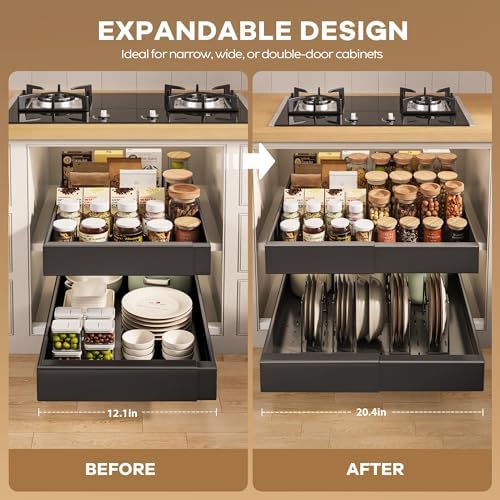 Seinloes 2 Pack Pull out Cabinet Organizer 21"Deep With Raising Pad for Framed Cabinets, Expandable Slide out Drawers for Kitchen Cabinets with 4pcs Divider Racks, Roll out Shelves 12.1"-20.4" W Black - Image 3