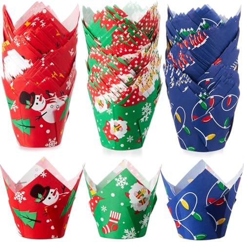 Motiskyy 300 Pcs Jumbo Muffin Liners for Baking 2-1/4" x 4" Large Tulip Cupcake Liners Greaseproof Cupcake Wrapper Paper for Weddings Birthday Christmas Anniversaries Party (Christmas Color) by Motiskyy