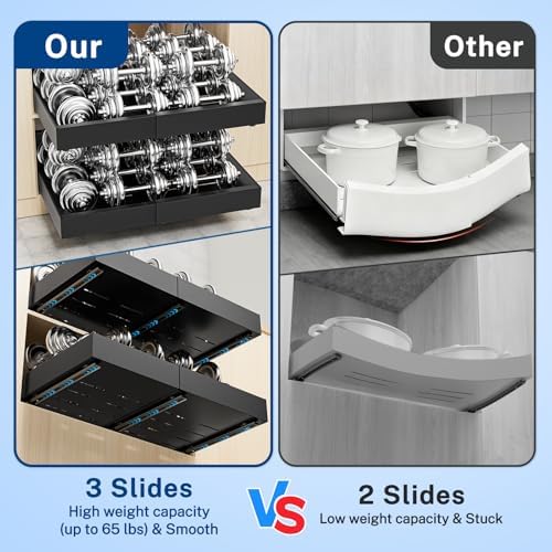 Insputer Pull Out Cabinet Organizer Expandable Width(12.2"-20.47") & 21" Deep, No Drill Adhesive Slide Out Drawers with Upgrade 3 Slide Rails, Magnetic Panel, Roll Out Shelf for Kitchen, Pantry Black - Image 3