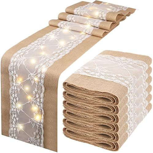 Xinnun 6 Pcs Burlap Table Runner with Lights 12 x 108 Inches Burlap Lace Table Runner Rustic Wedding Decorations Home Party (Vine) by Xinnun
