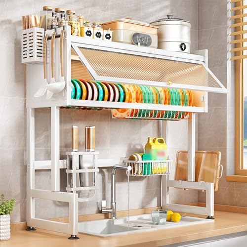Over Sink Dish Drying Rack 2 Tier Stainless Steel Dish Drainer with Cover and Utensil Holders Large Capacity Space Saving Kitchen Organizer by SofaHillsBrandflagship