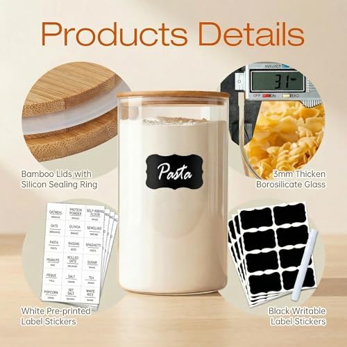 HomArtist Glass Jars with Bamboo Lids [Muti Size Set of 5], Glass Canisters with Airtight Lids, Glass Food Storage Containers for Pasta, Oats, Coffee, Flour, Sugar, Rice, Best for Kitchen & Pantry - Image 4