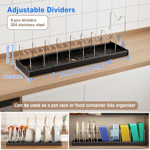 Mustorn 2 Pack Pots and Pans Organizer under Cabinet, 22" Expandable Food Storage Container Lid Organizer with 9 Adjustable Stainless Steel Dividers, ABS Base, Countertop Rack, Black - Image 2