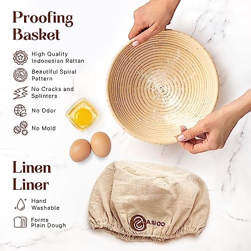 ABIOTO Sourdough Bread Starter Kit with Jar and Baking Supplies, 19 Pieces | Basic Sourdough Kit for Beginners - 9" Round Proofing Basket, Liner, 24oz Jar Set, Lame, Danish Whisk, Dough & Bowl Scrapers - Image 6