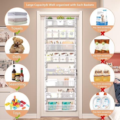 8-Tier Over The Door Pantry Organizer with Mesh Baskets, Adjustable & Stable Hanging Spice Rack for Kitchen, Bathroom, Bedroom, and Baby Essentials Storage (16" W 8-Tiers, White) - Image 6