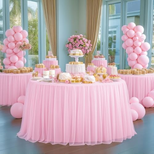 HB HBB MAGIC Light Pink Round Tablecloth 48 inch Stretchy Elastic Fitted Round Table Cloth Cover, Pink Table Cloths for Parties Tulle Table Cloth with Skirt Wedding Bridal Shower Tables Decoration - Image 3