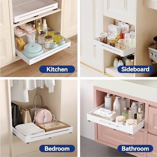 Pull out Cabinet Organizer, Full Metal Expandable Width (14.8"-20.8") & Depth (12.4"-17.7") Adjustable Slide out Drawers, No Drill Adhesive Roll out Shelves for Kitchen Pantry, White - Image 6