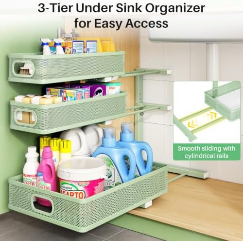 Kitstorack Under Sink Organizer, 2-Pack 3-Tier Height Adjustable Thickened Metal Pull out Cabinet Organizer Shelf, Slide out Storage Drawer Rack for Bathroom Kitchen Pantry Home Organization, Green - Image 5
