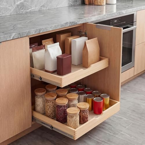 Menkxi 2 Set Wooden Pull out Cabinet Organizer Fully Assembled Slide out Pantry Drawer with Gentle Close Storage Shelf Tray for Base Kitchen Under Sink Bathroom Accessory(Wood Color,21'' X 21'' X 3'') - Image 6