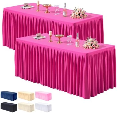 PARTISKY 2 Pack Hot Pink Tablecloths for Rectangle Tables 8ft, Wrinkle Resistant Spandex Table Cover Fitted Stretch Table Cloth with Pleated Ruffle Skirts for Party Banquet Dining Birthday Wedding by Partisky